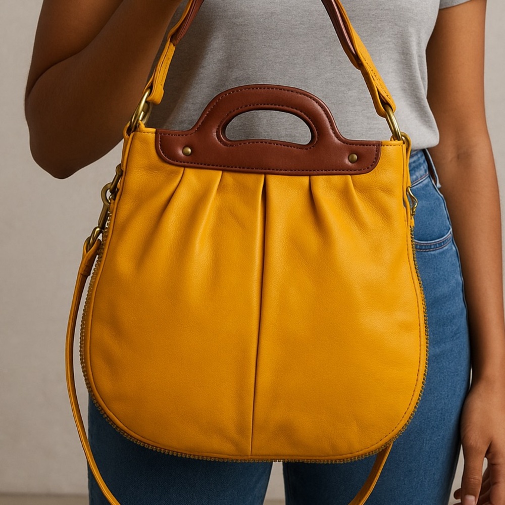 Cynthia Rowley Mustard Leather Hobo Bag Zip Around Cutout Handle Crossbody